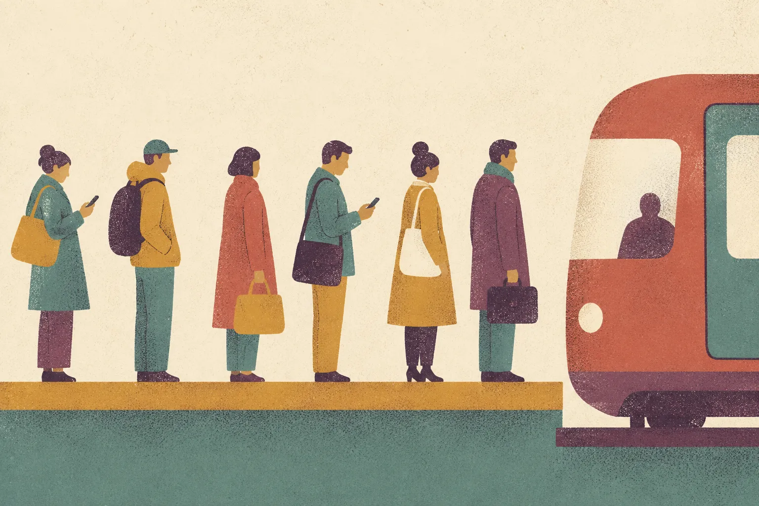 A commute scene, consistent flat shapes and stippled shading throughout.