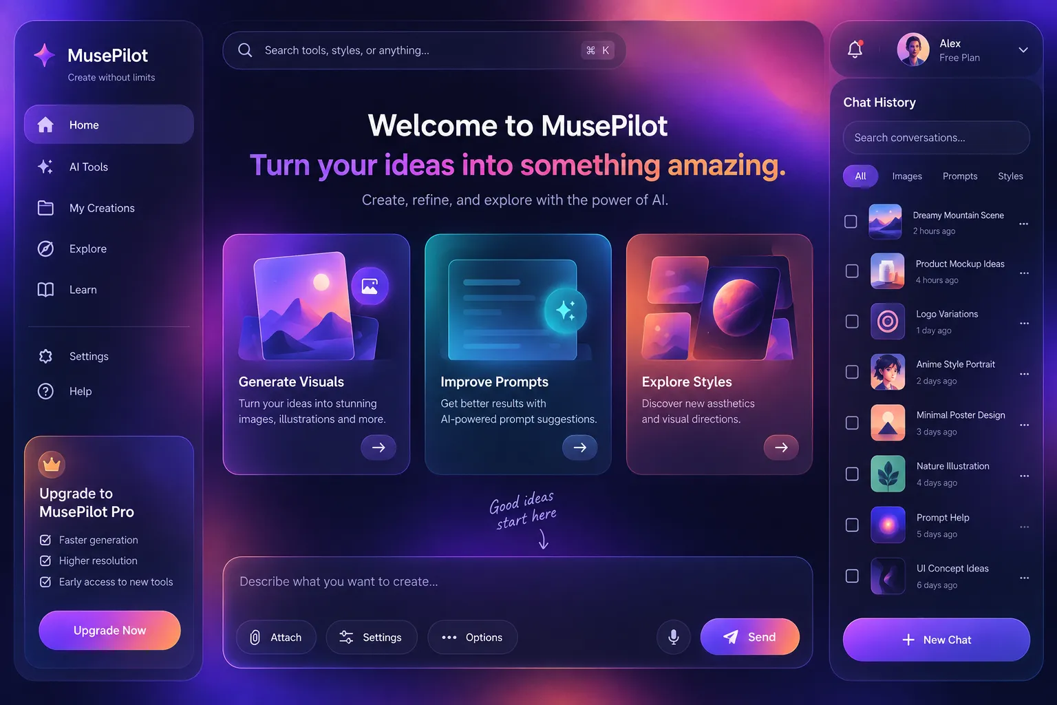 An AI workspace: navigation, three action cards, a prompt composer and chat history.