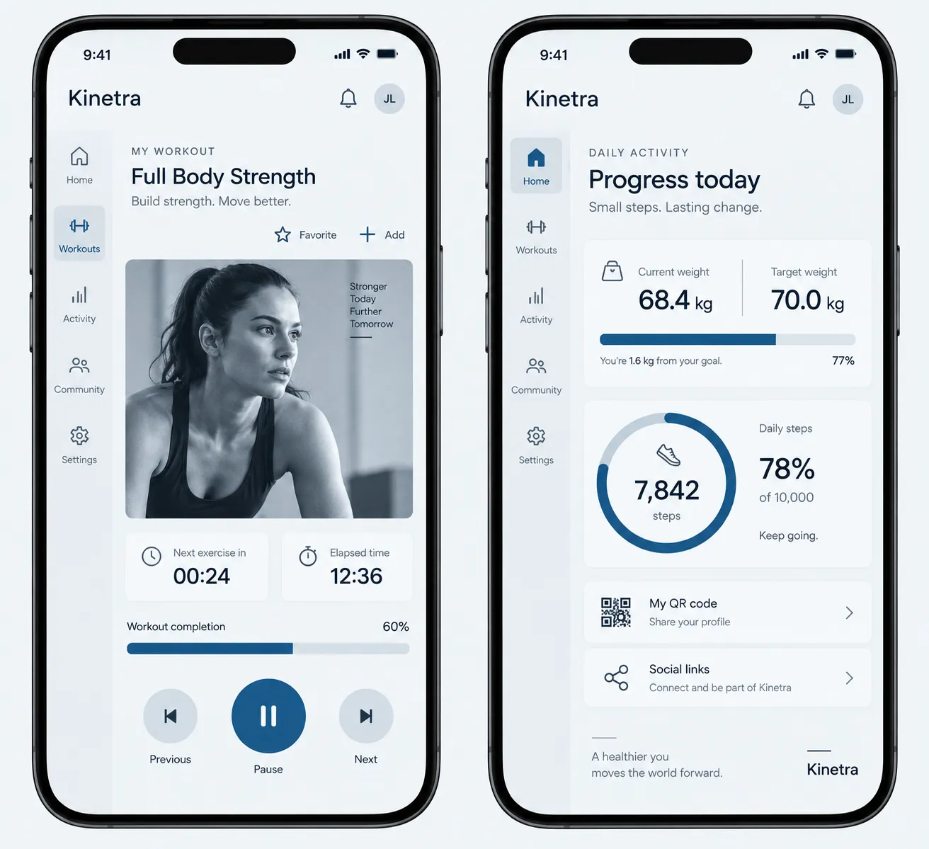 Two fitness screens: a live timer and a metrics card with a semicircle gauge.
