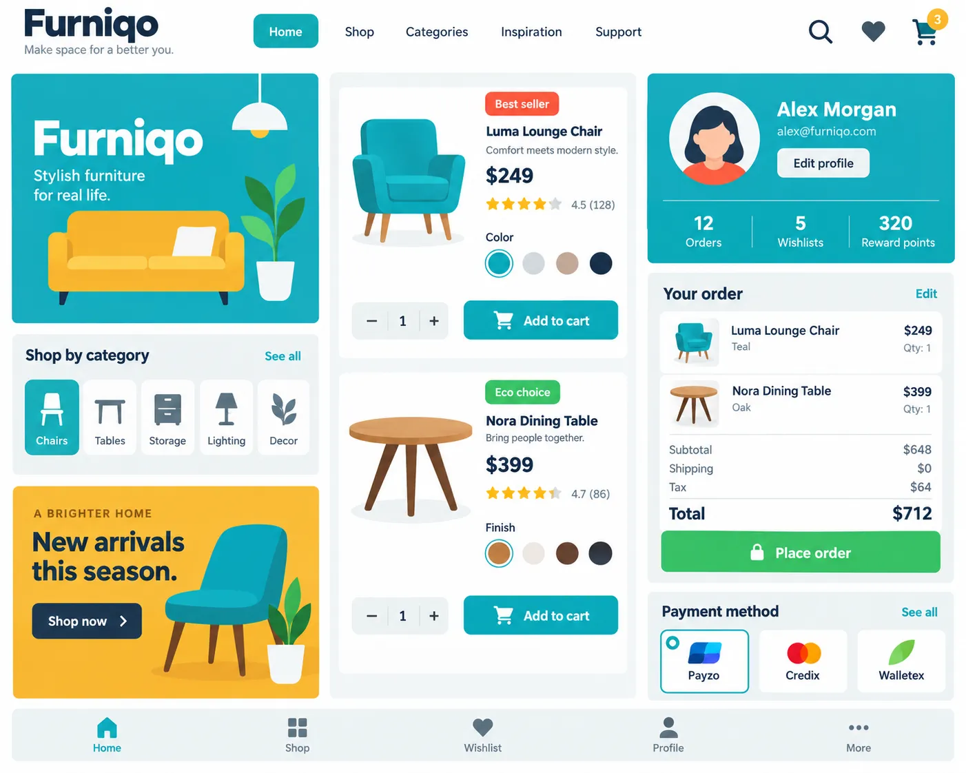A three-column UI kit — product cards, checkout, tabs and payment rows under one treatment.