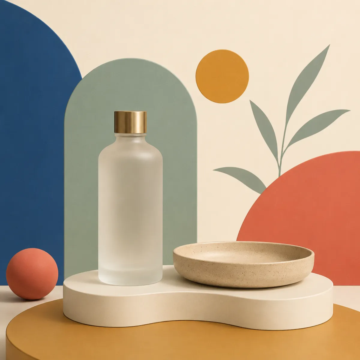 Frosted bottle and ceramic dish trading soft light