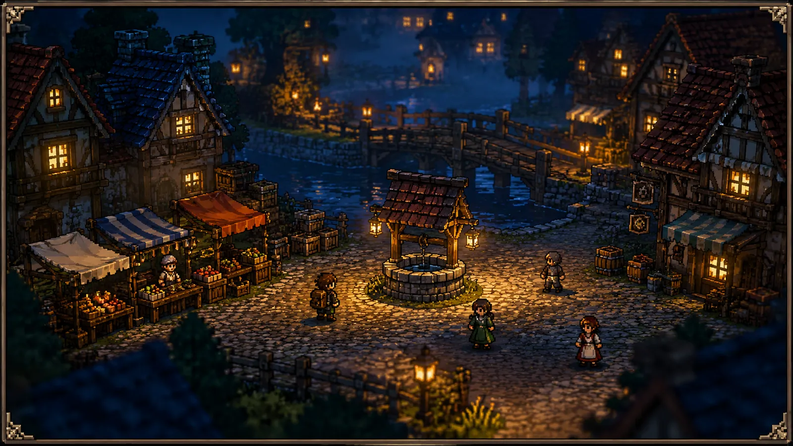 A populated town square shot from above, where the same treatment has to hold across figures, architecture and open ground in one frame.