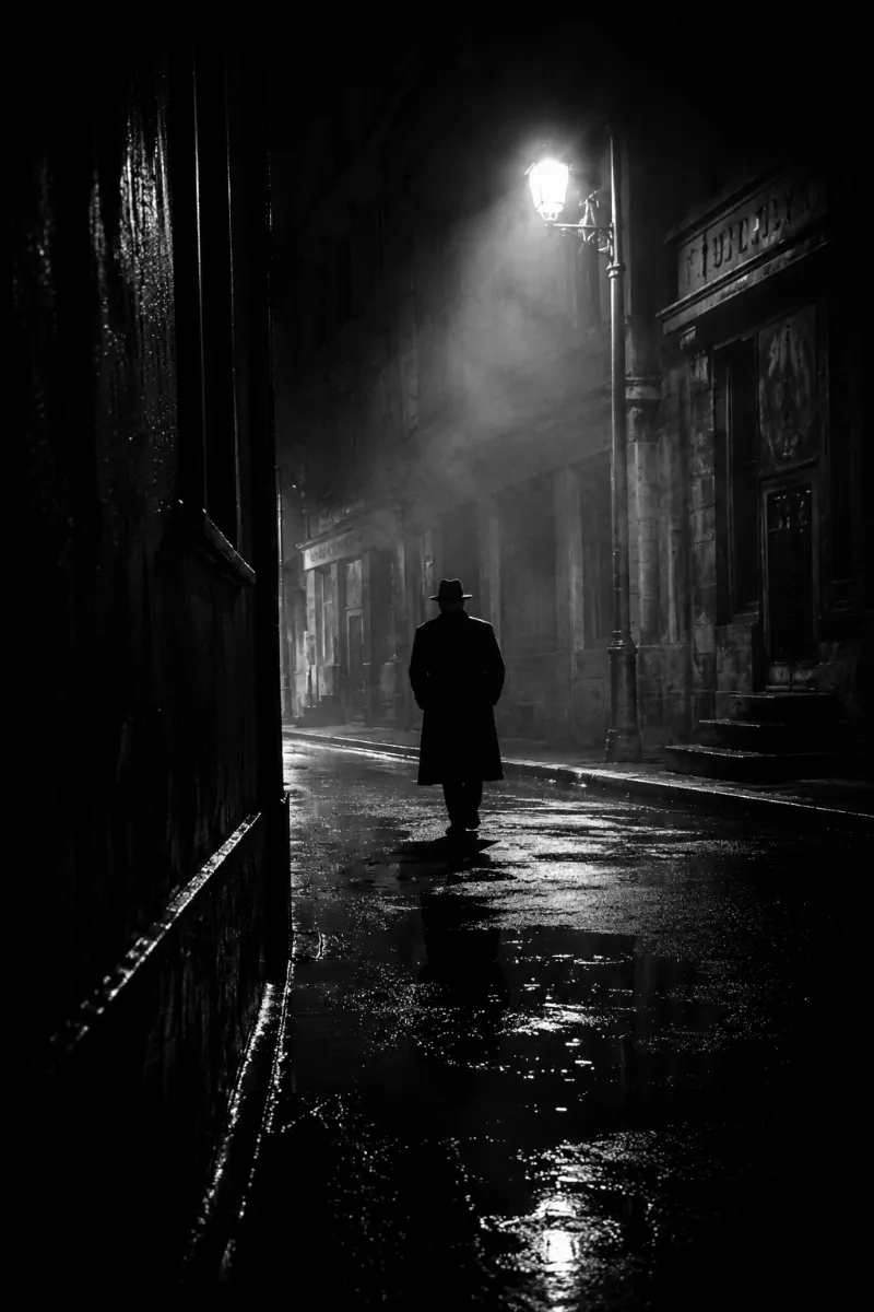 Figure, wet street, and streetlamp resolve with the same dramatic treatment throughout.