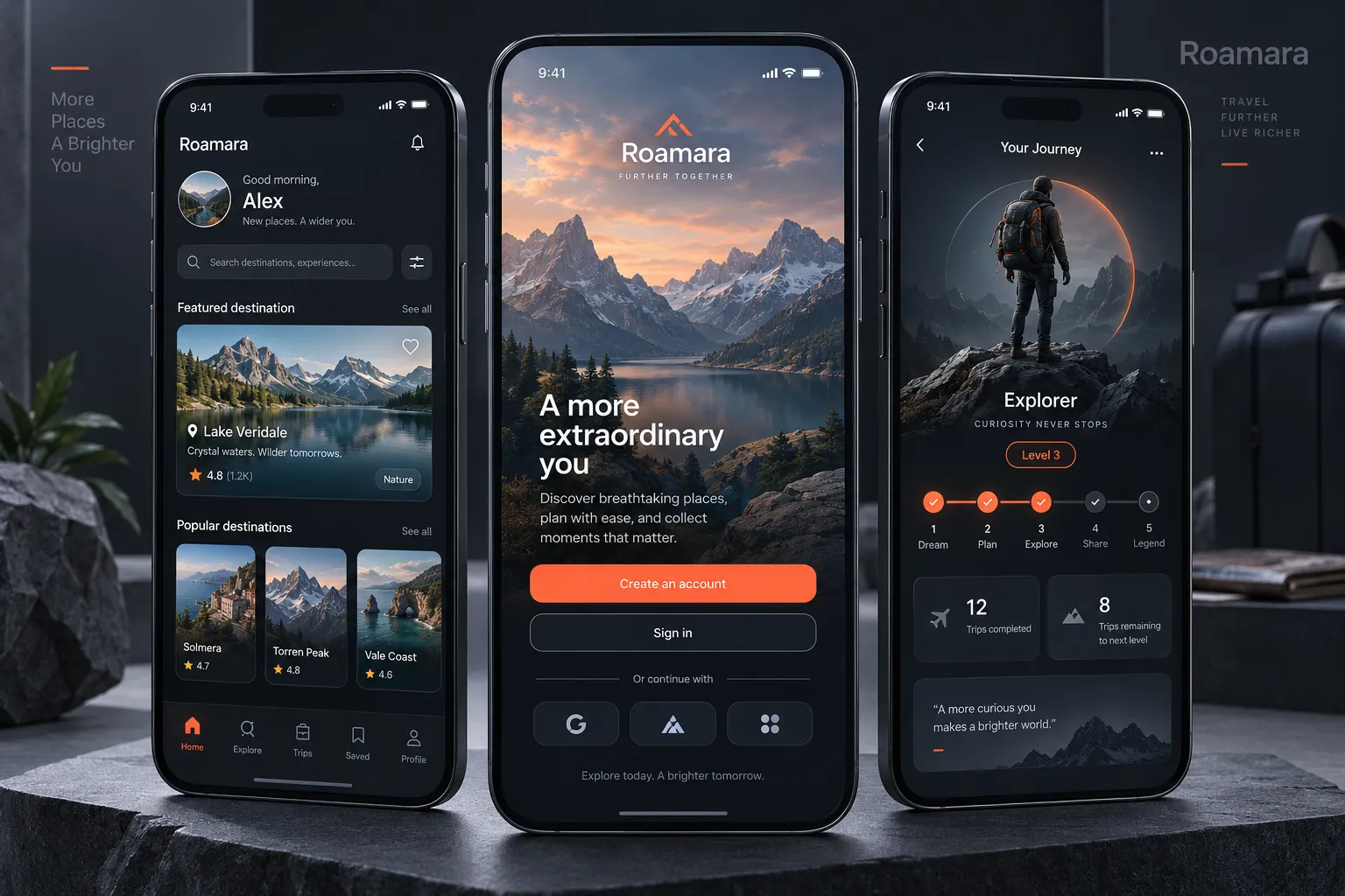 A destination feed, a full-image onboarding and a progress screen in one style.