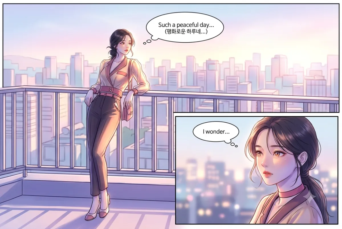 The webtoon look on a solitary rooftop scene, figure and skyline resolved in one consistent pass.
