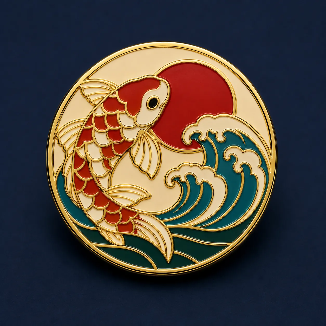 Koi fish, cresting wave, and sun disk fused into one hard enamel pin, gold metal outlines
