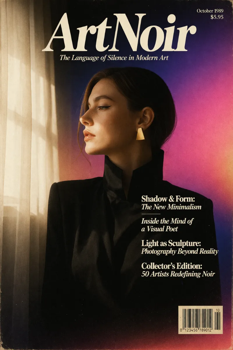 Vertical magazine cover titled “ArtNoir”. A woman positioned slightly off-center, shown from the chest up, facing sideways in profile, not looking at the camera. Issue date and price in a corner Barcode at the bottom corner