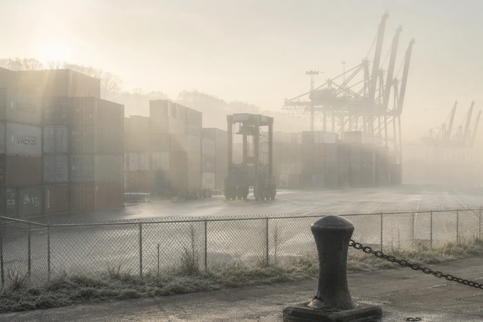 The container rows step back plane by plane until the cranes are flat shapes.