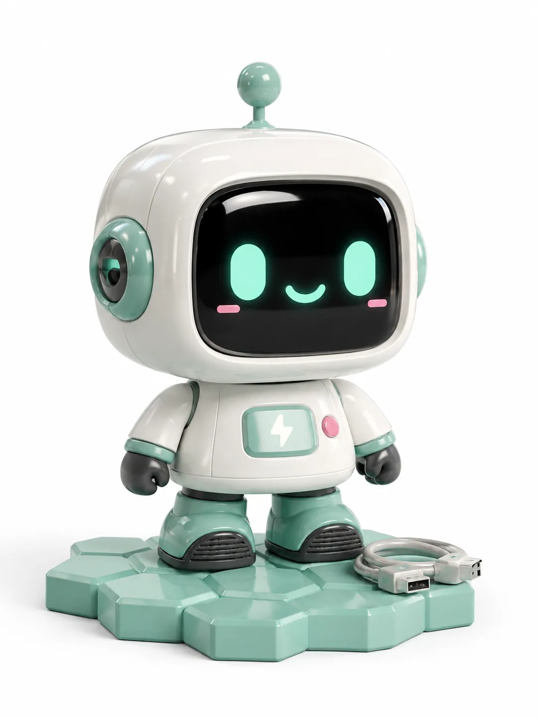 A robot built as a designer figurine — the same molded-toy treatment carried across every surface of the render.