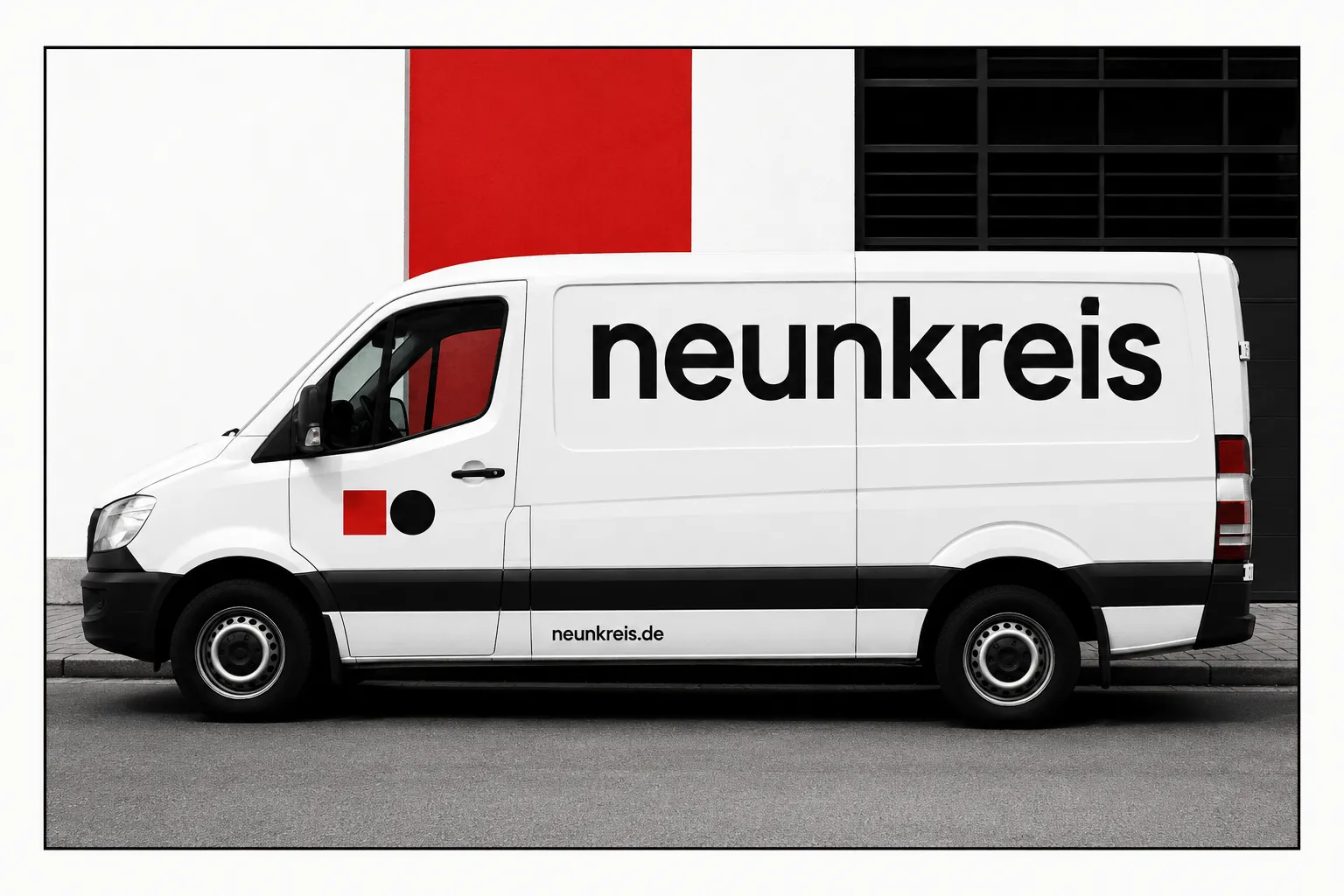 At vehicle scale the system degrades by subtraction — wordmark, symbol, one line of text, and a large area deliberately left empty.