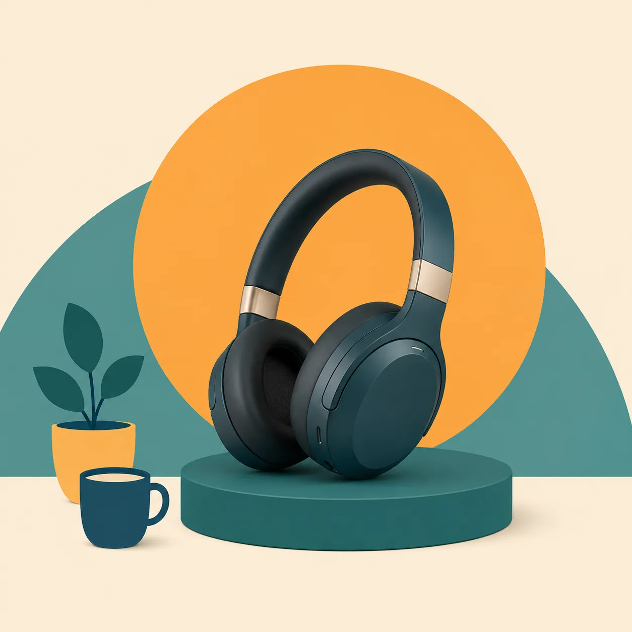 One rendered hero object framed by flat vector shapes — built for product shots and web heroes.