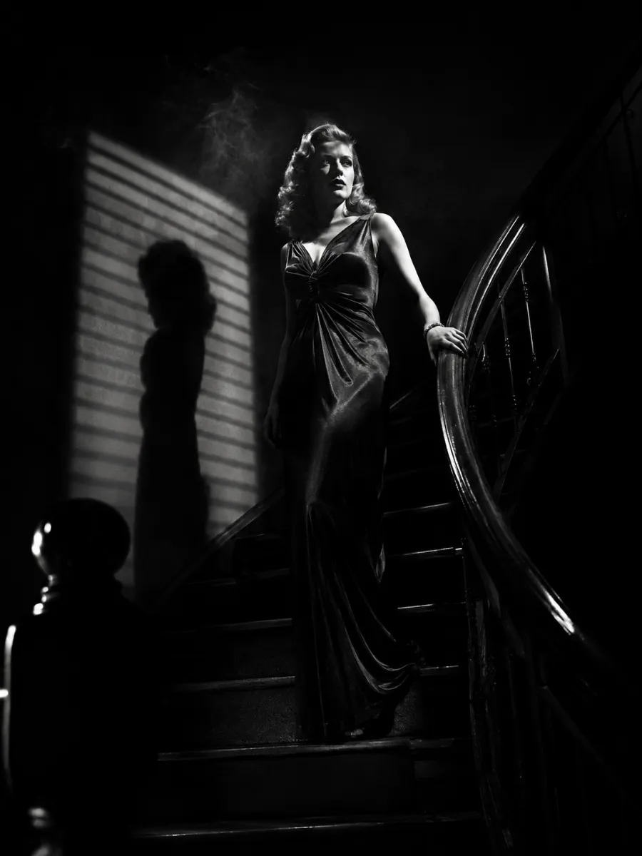 The gown, the staircase, and the surrounding shadow carry a single unified rendering.
