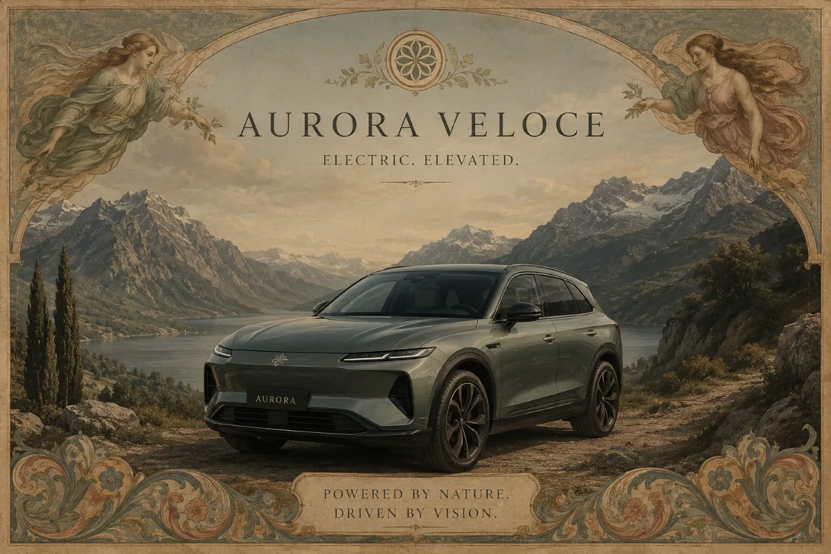 Design a poster for an electric SUV — luxury, rugged yet elegant, set against alpine mountains.