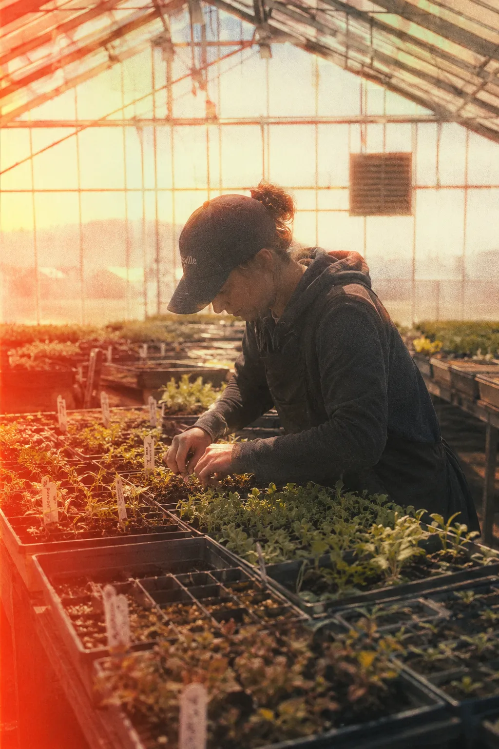 Glazing bars glow at every edge while grain sits across the flat green of the trays.