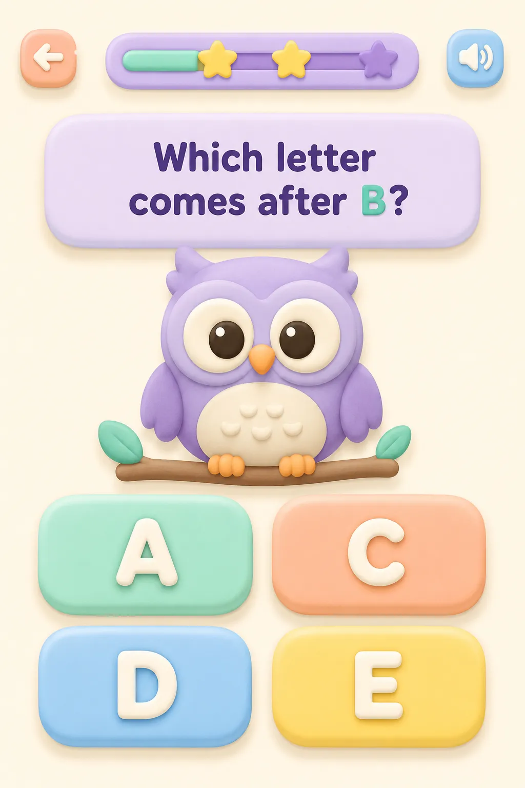 A kids' learning screen where the character, answer buttons, and progress bar stay visually consistent.