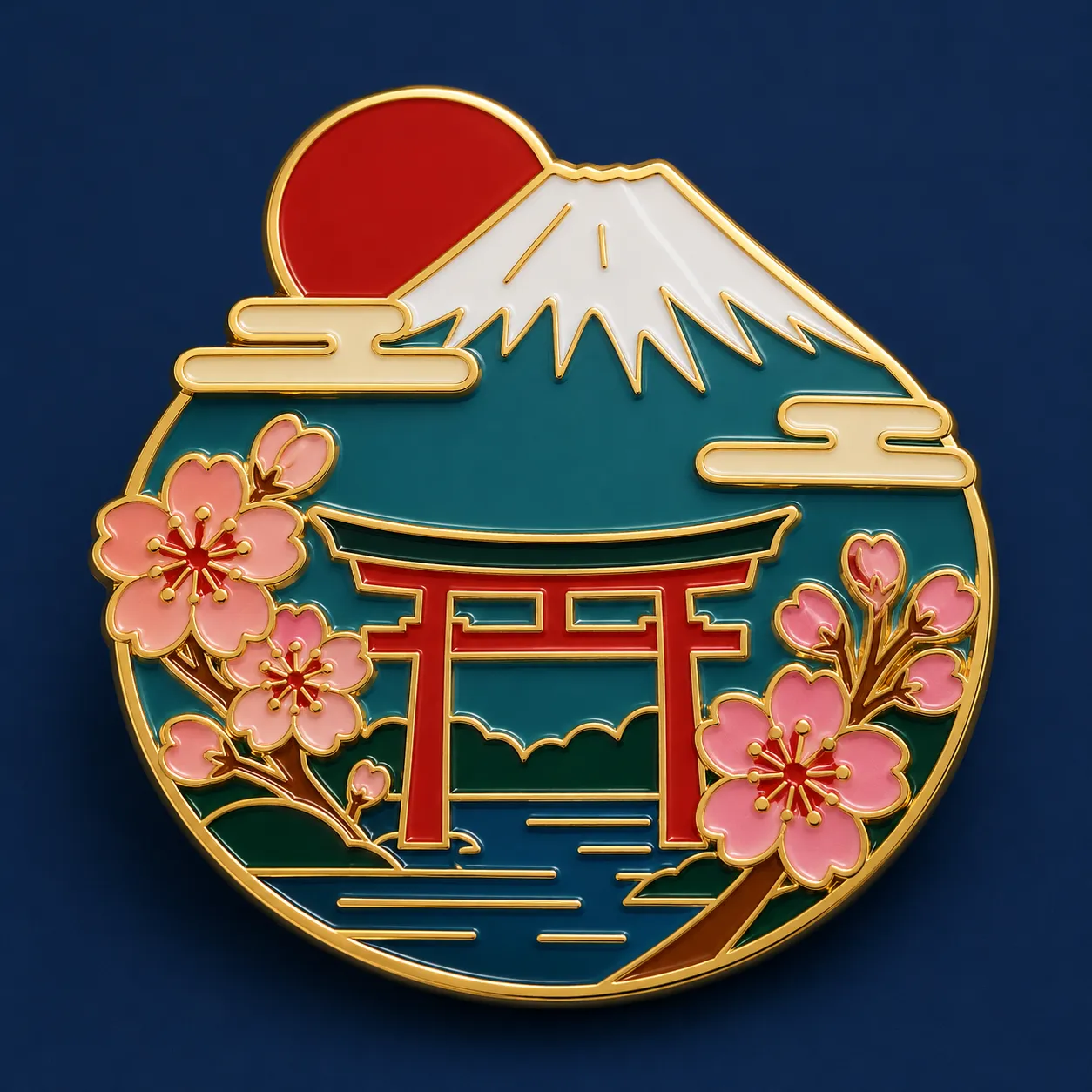 Mount Fuji, cherry blossoms, and a torii gate layered into one hard enamel pin, gold metal outlines