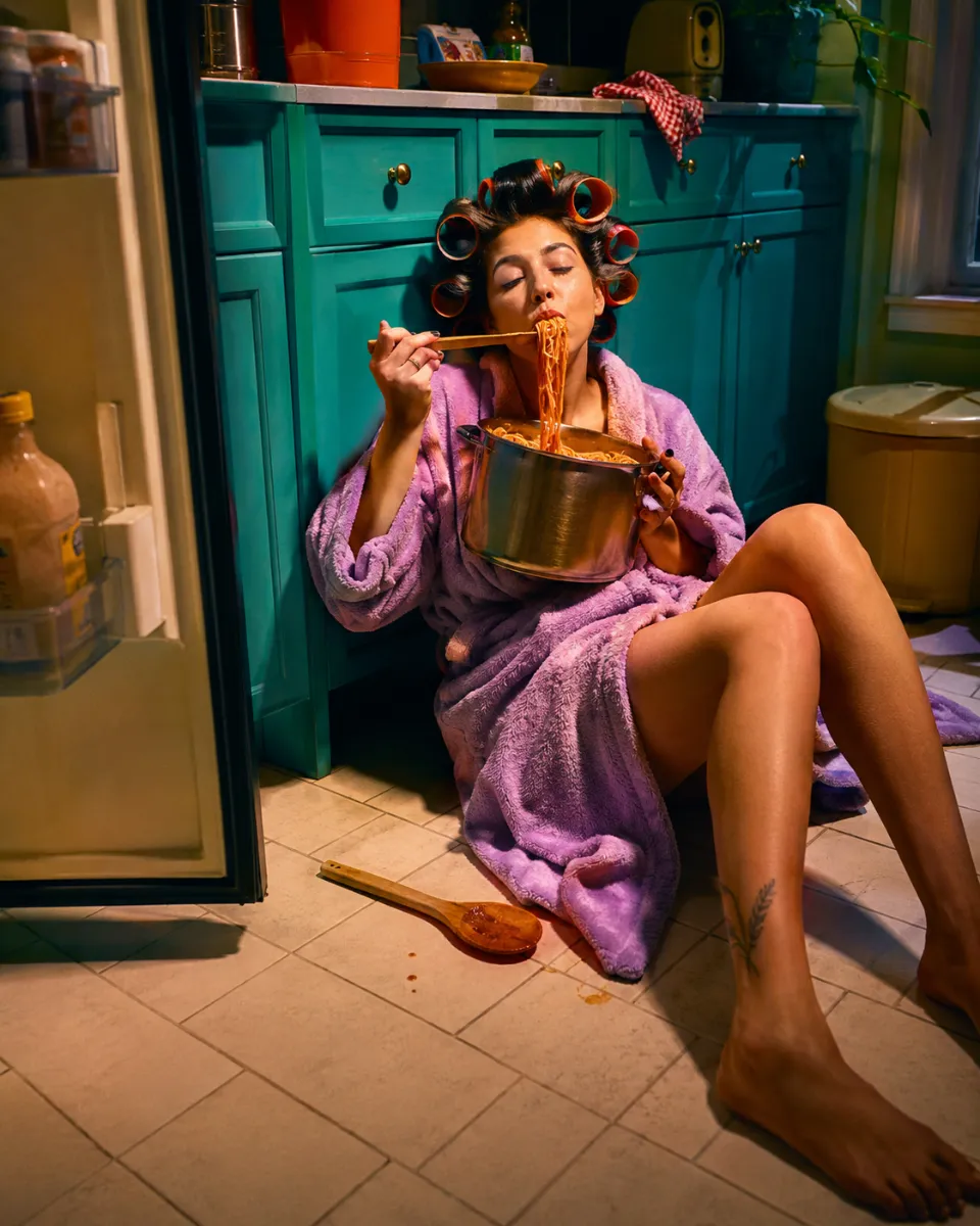 A woman in a robe and hair curlers sitting on a kitchen floor with her back against the cabinets, eating spaghetti straight from the pot. A wooden spoon on the tile beside her, an open fridge door casting into frame.