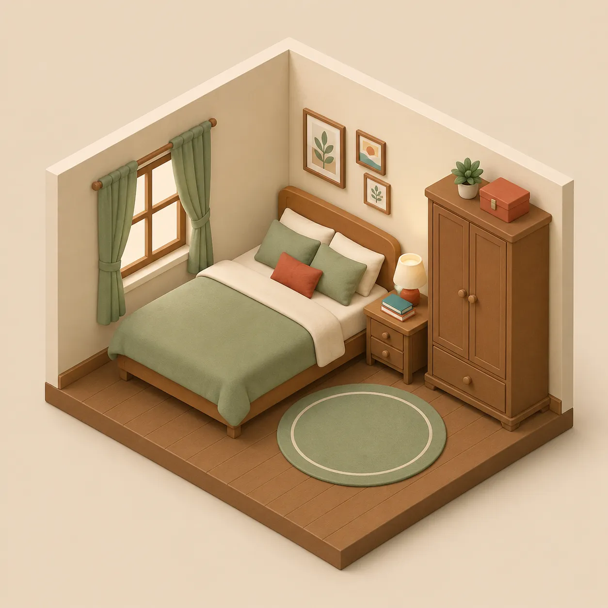 A cutaway bedroom seen from the isometric corner in the Isometric Room Diorama style.