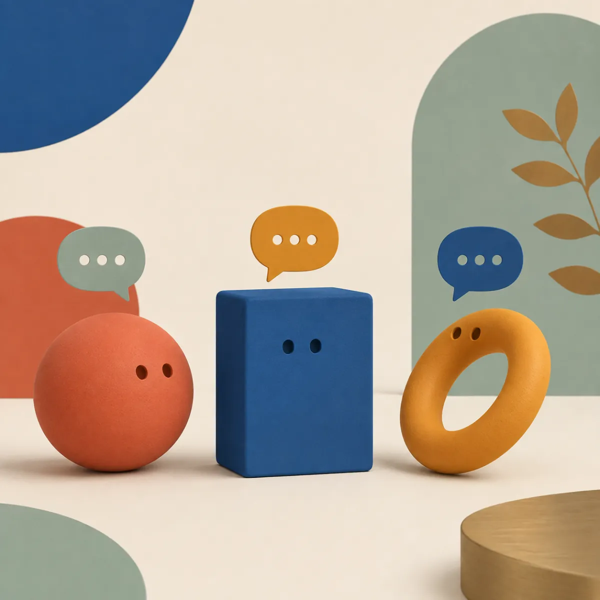 Sphere, block, and ring caught mid-conversation