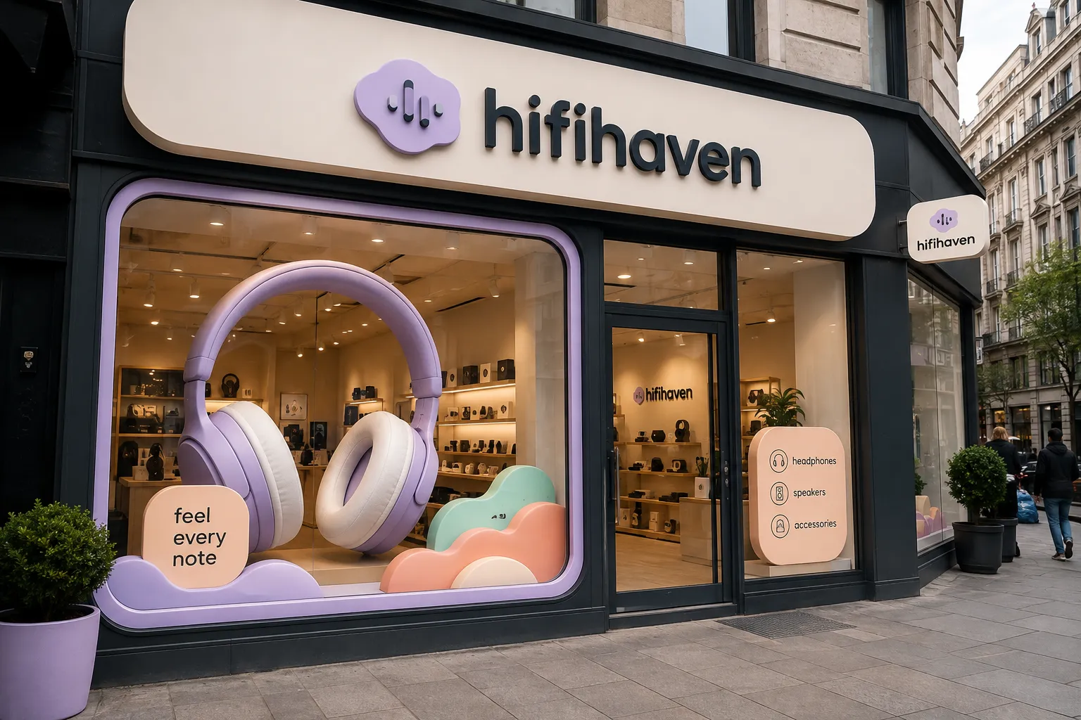 A wide-angle, eye-level exterior photograph of a modern audio equipment storefront located on a paved city sidewalk, featuring large floor-to-ceiling glass display windows. The display decorated with a giant headphone. Pro photograpy quality