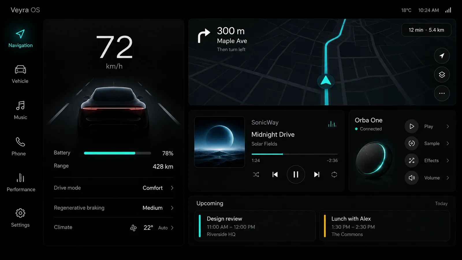 A vehicle OS with an icon rail, drive readouts, a map and a music player.