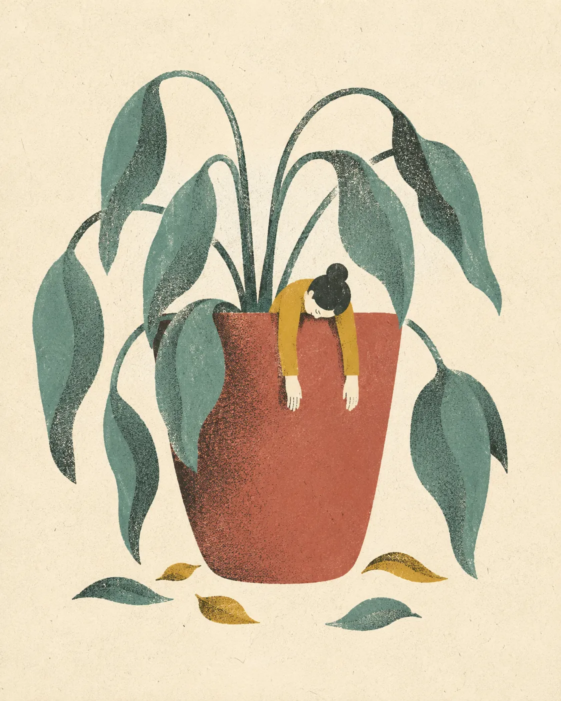 A burnout metaphor carrying the same grain-shaded flat treatment.