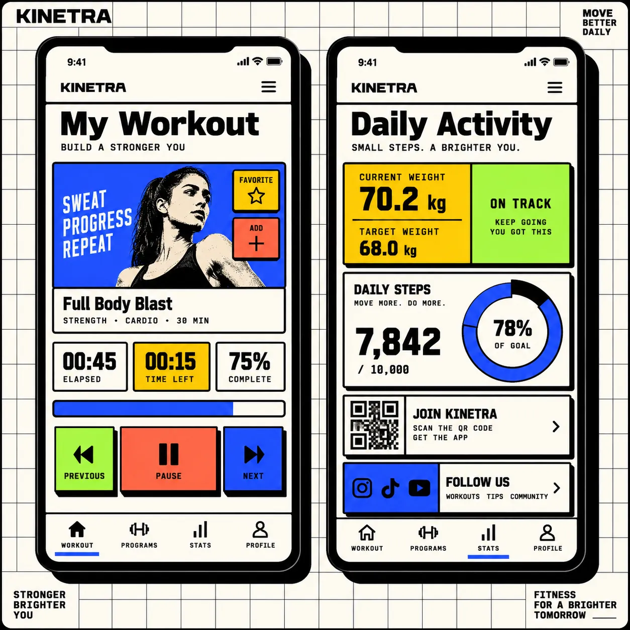 Two fitness screens: a live timer and a metrics card with a semicircle gauge.