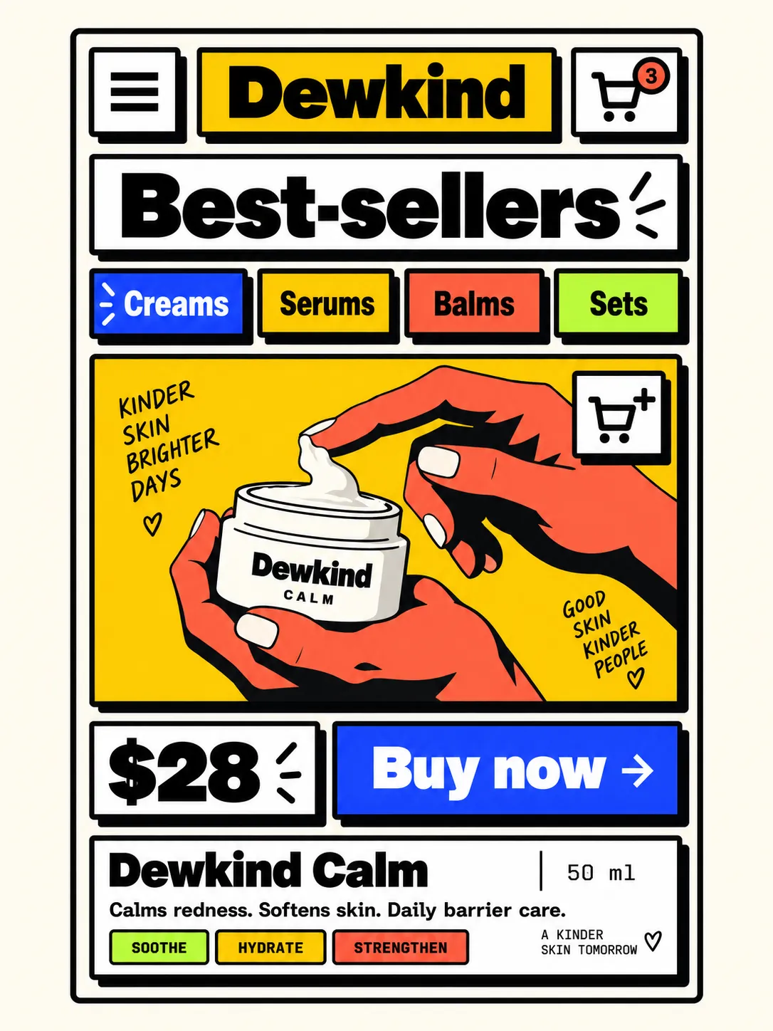 A single commerce screen: category tabs, one large product image and a summary card.