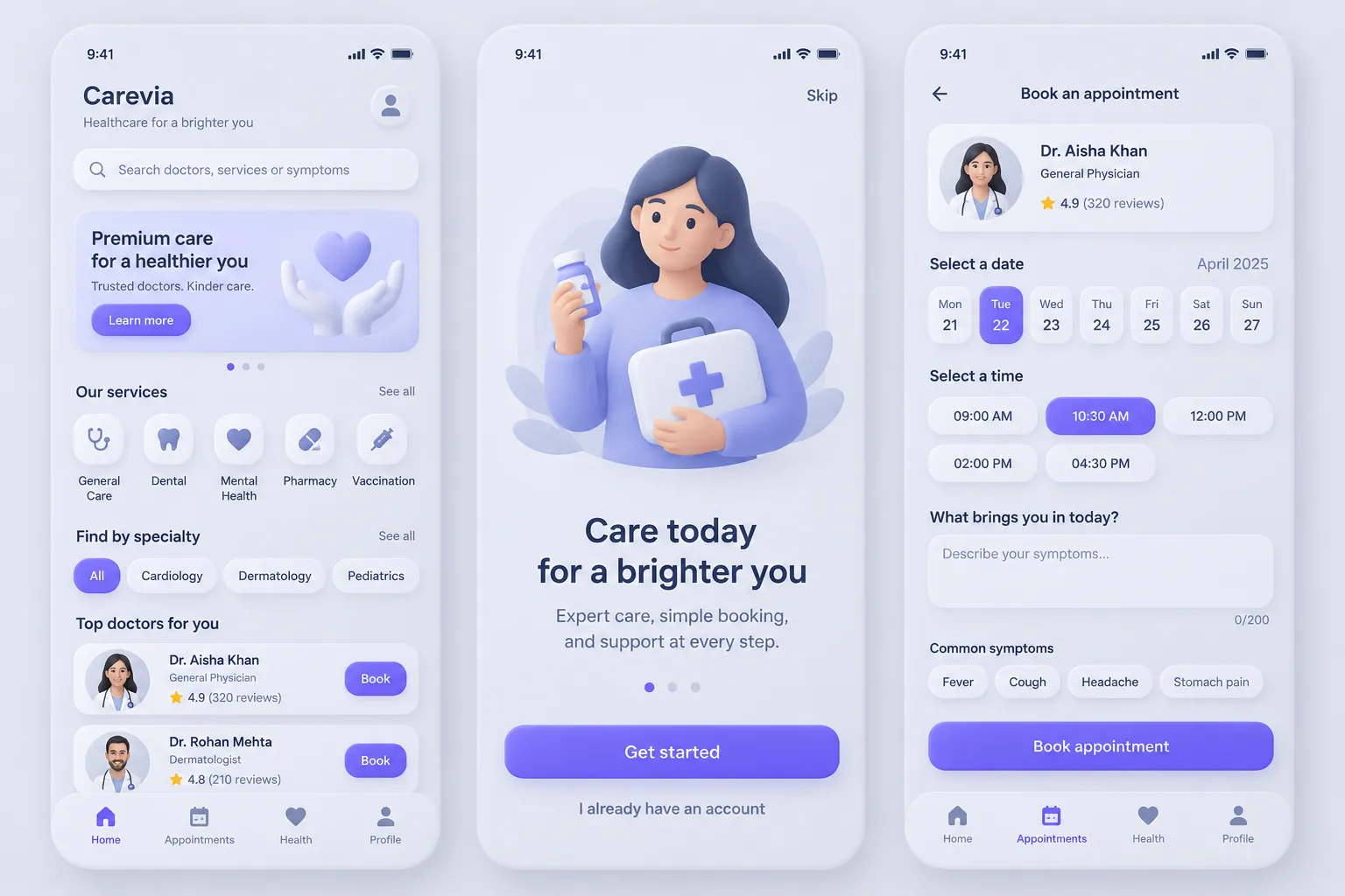 Search, onboarding illustration and a booking flow across three healthcare screens.