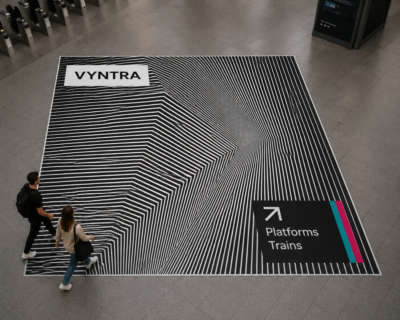 Six metres of field seen at a walking angle, with the only text in the piece held inside its knockout at each end.