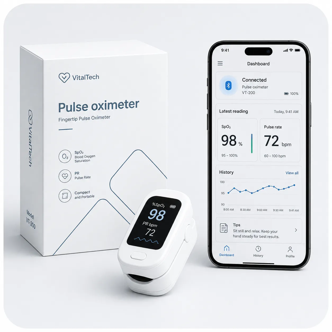 A white matte medical product box featuring a minimalist pulse oximeter design and blue branding text, alongside the compact white oximeter device and a modern smartphone displaying a active health-tracking app interface with a glowing blue Bluetooth connection icon, soft studio studio lighting, macro photography focus, high detail.