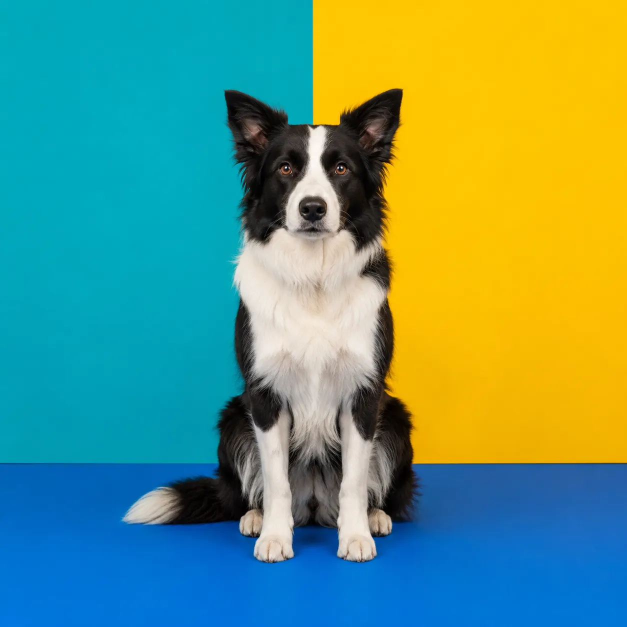 The dog's coat is the only textured surface in a frame of flat fields.