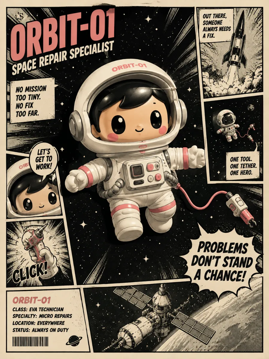 An astronaut in a spacesuit floats with arms held slightly out and helmet visor up, a small tool tethered by a cord to the side of the suit.
