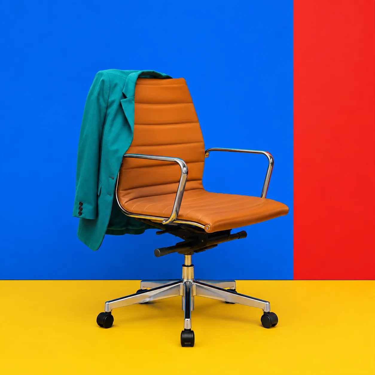 The seam between two fields runs behind the chair as a compositional line.