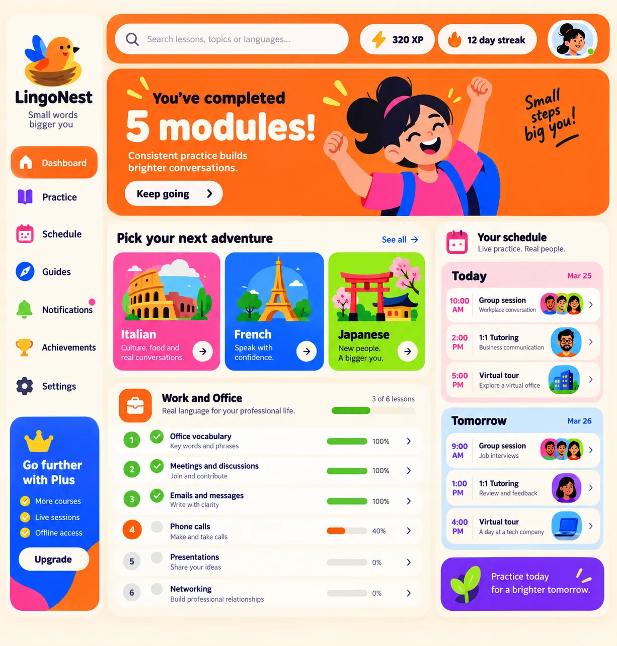 A learning dashboard: sidebar, XP bar, illustrated course cards and a schedule column.