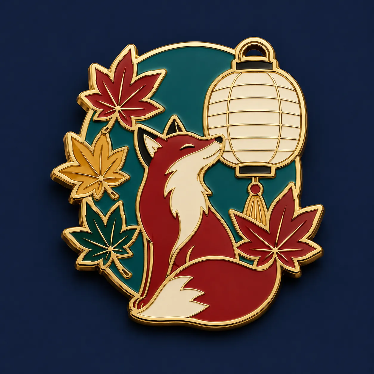 Fox silhouette, paper lantern, and maple leaves combined into one hard enamel pin, gold metal outlines