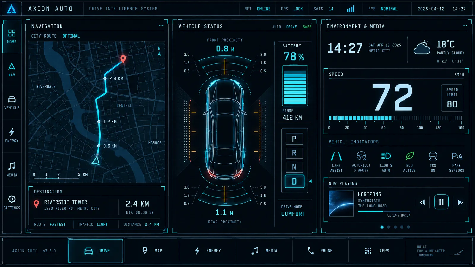 An in-car display: map, proximity view and a large speed gauge in one wide frame.