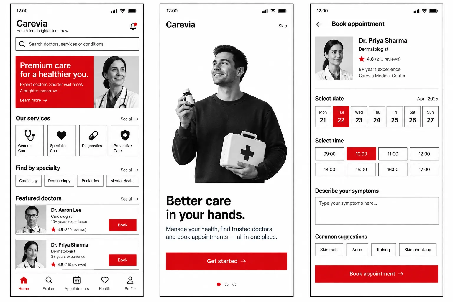 Search, onboarding illustration and a booking flow across three healthcare screens.