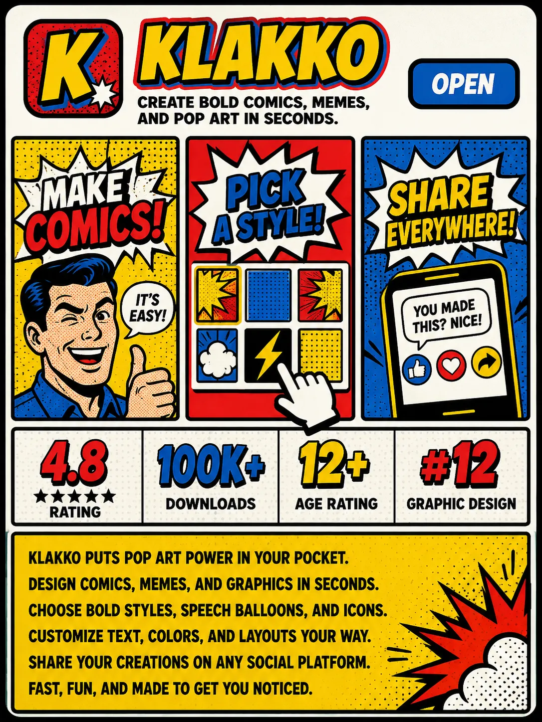 At icon size the mark drops to the boxed initial, and the six description lines run in the plain body tier.