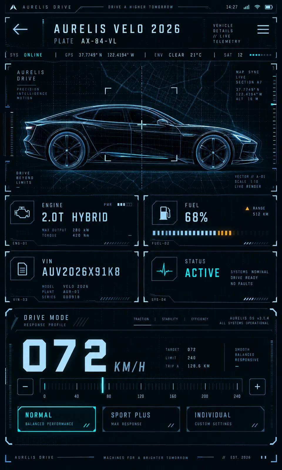 One vehicle-details screen, alone in the frame — the style at the size a gallery card shows it.