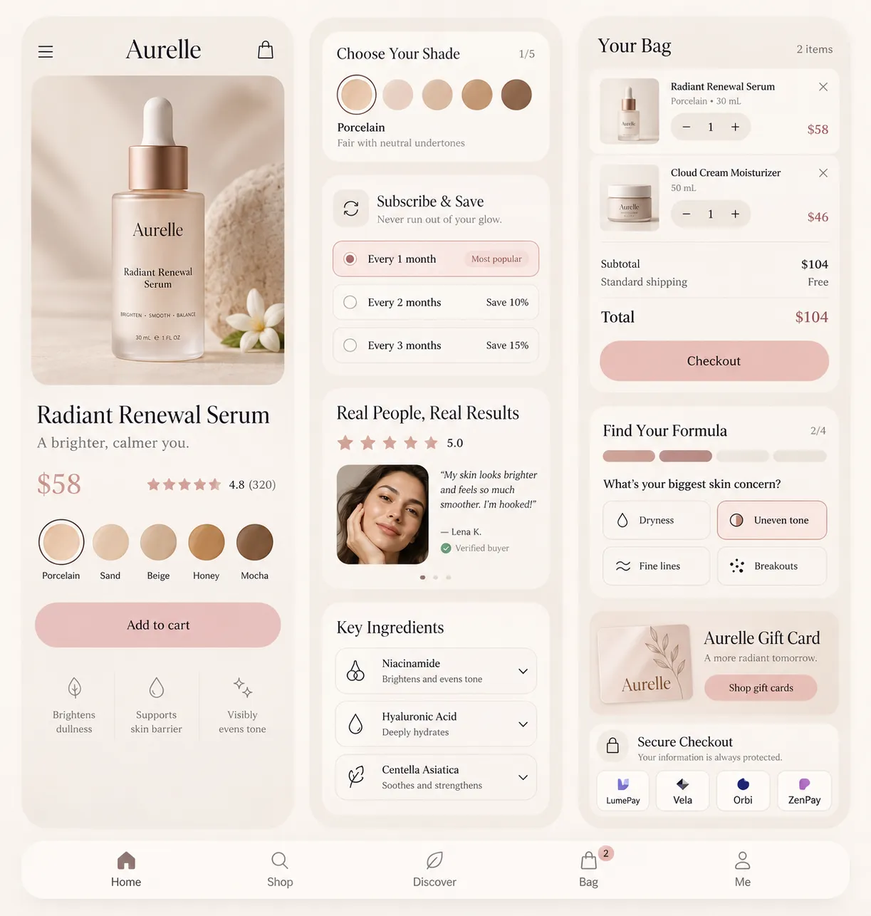 Loose UI parts under one treatment — the components a beauty storefront ships.