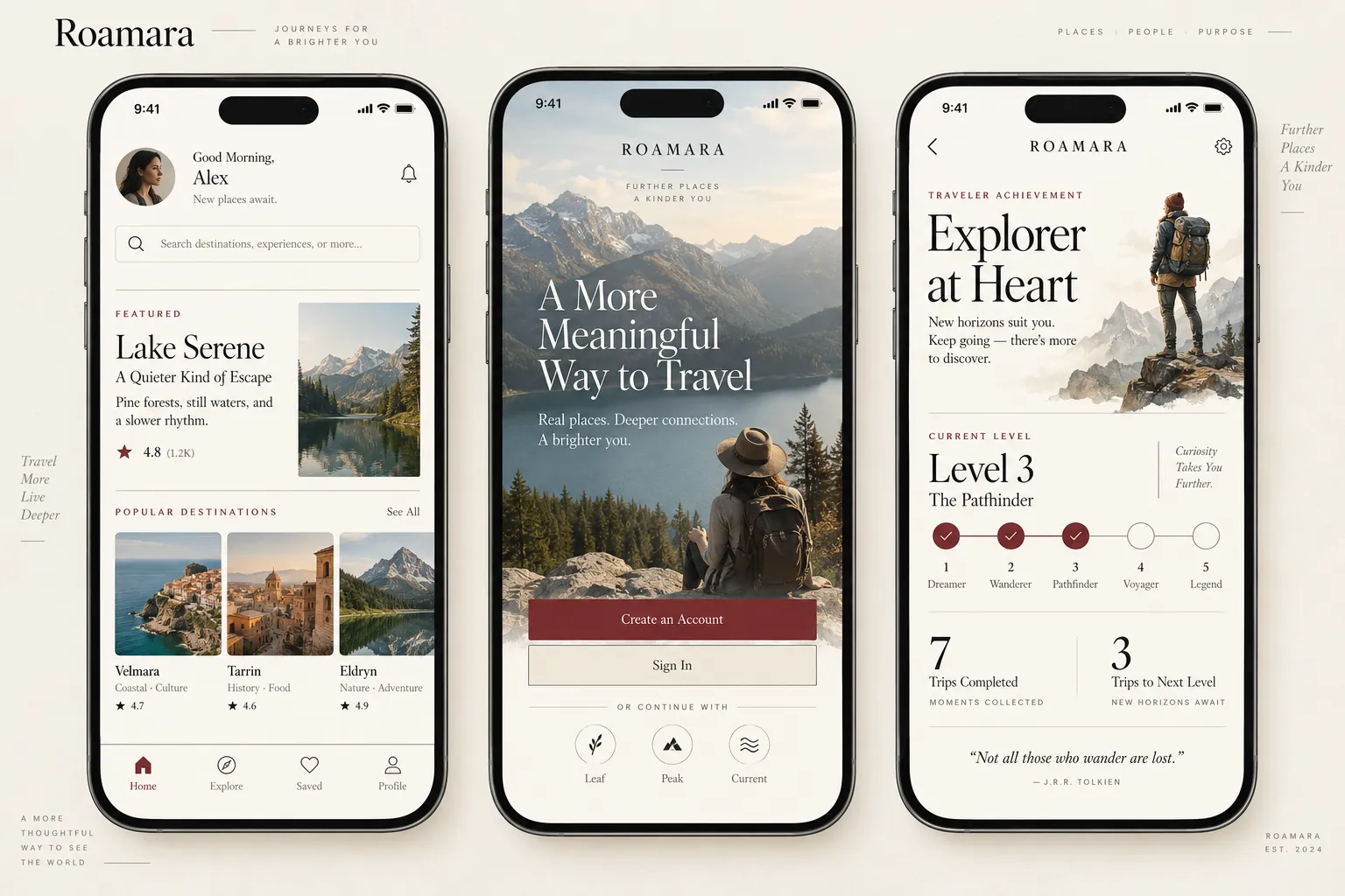 A destination feed, a full-image onboarding and a progress screen in one style.