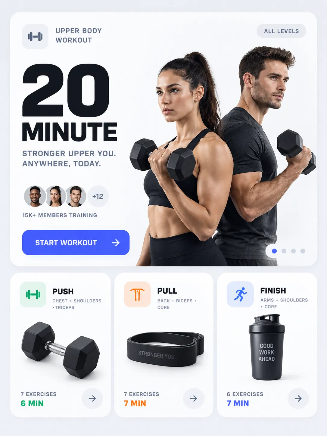 One workout home screen — greeting, summary, program card and bottom navigation.