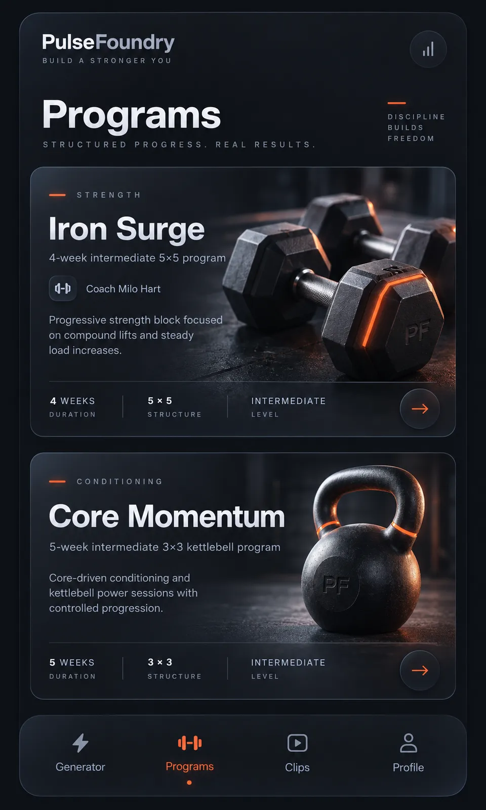 A single list screen: two stacked program cards over a fixed bottom navigation.