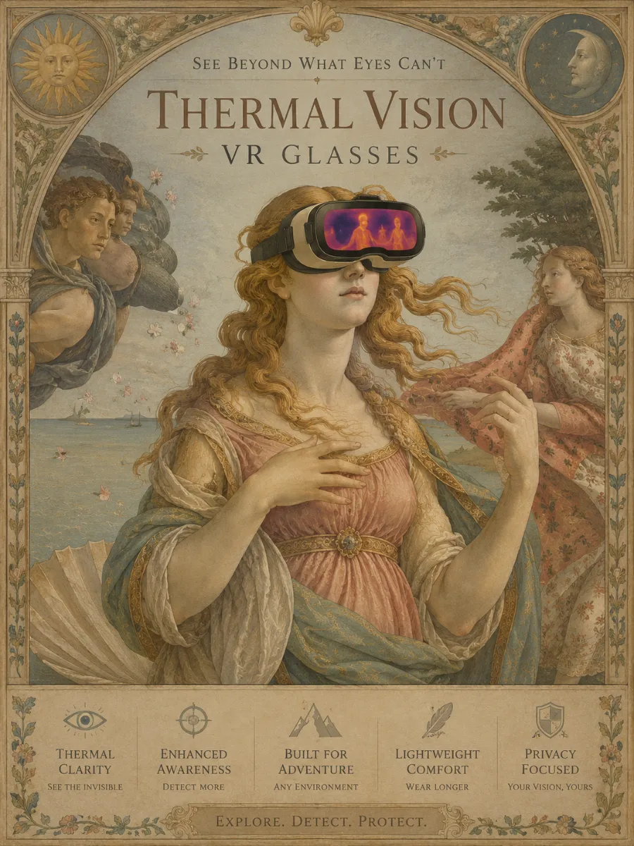 A futuristic product poster for “Thermal Vision” VR glasses — editorial, otherworldly, painterly.