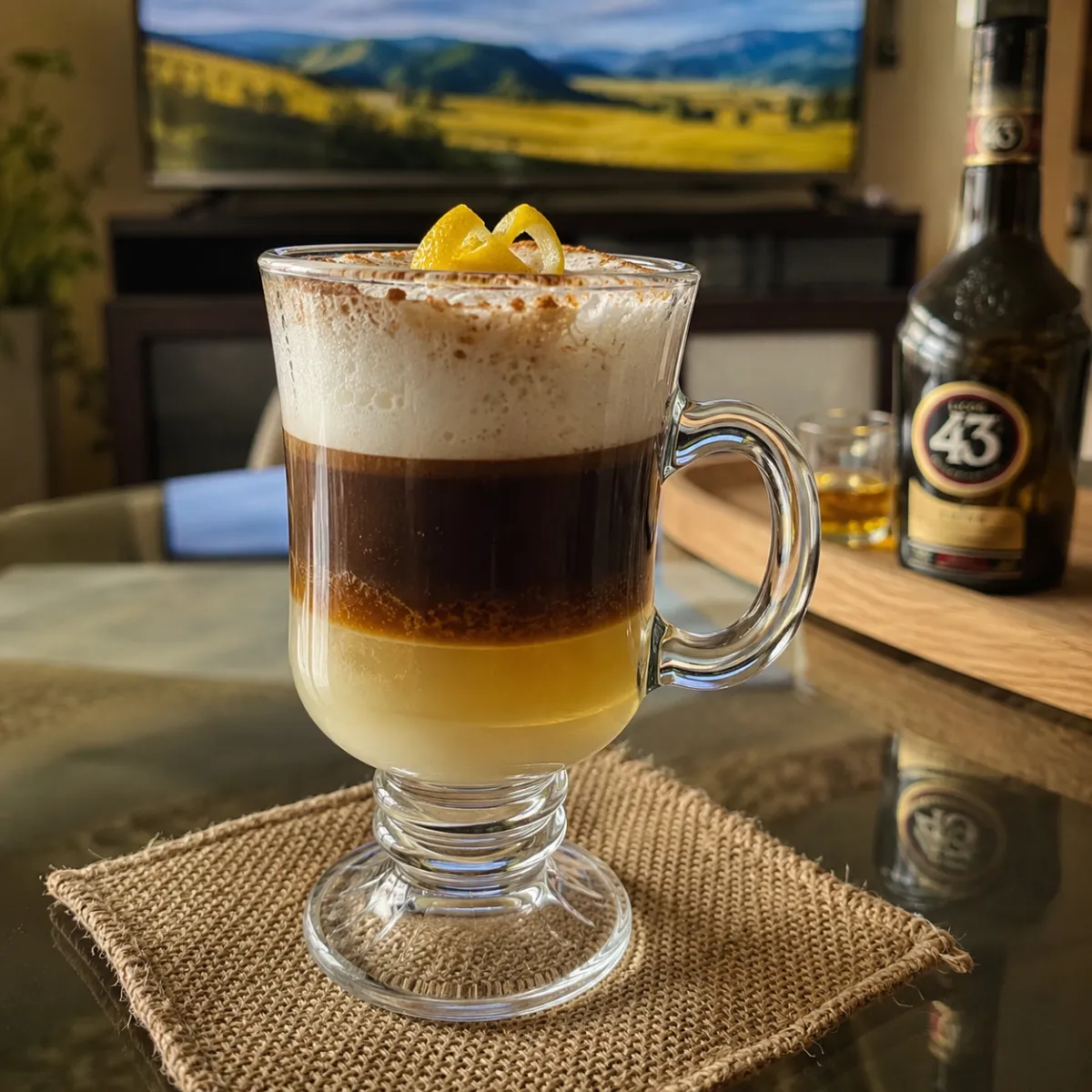 A layered Barraquito cocktail in a glass mug with condensed milk, golden Licor 43, espresso, milk foam, lemon peel, and cinnamon.Setting: Set on a burlap coaster on a reflective glass coffee table, with a blurred TV displaying a landscape in the background.