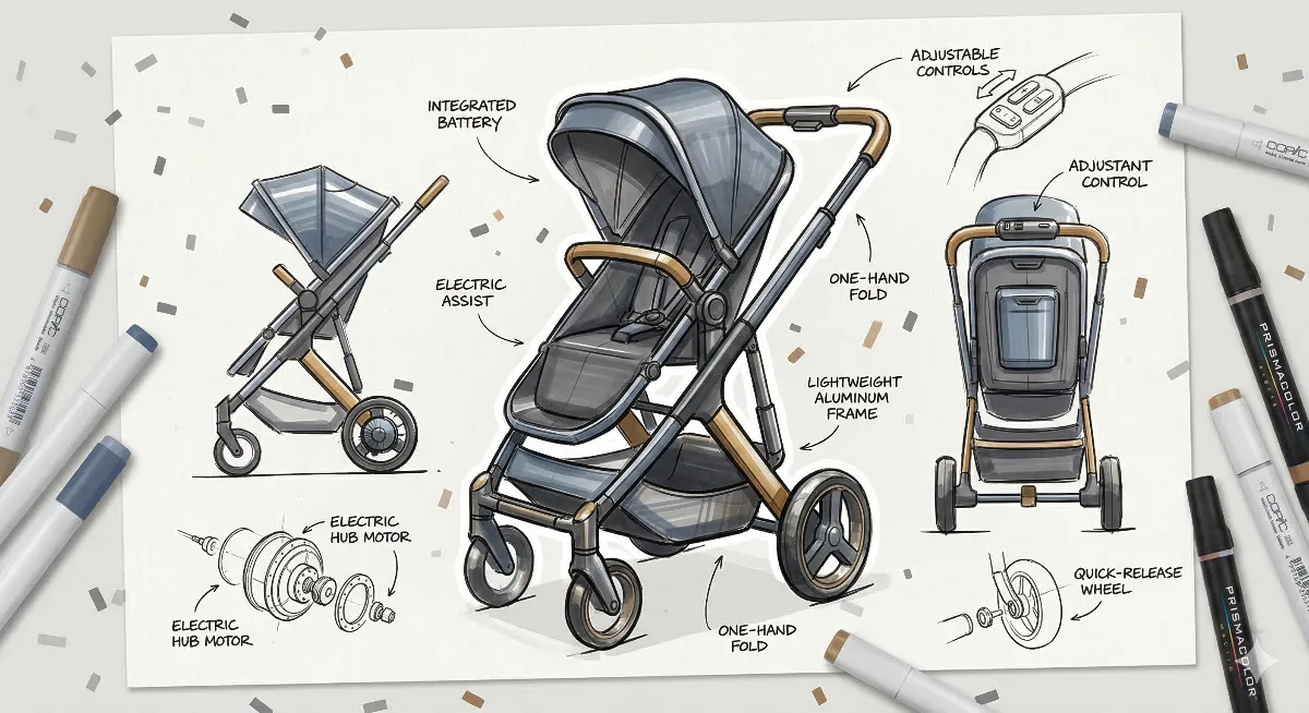 a modern electric baby stroller, 1 main angle and 2 smaller sketches from 2 angles. around on paper a few small parts desing some uncolored