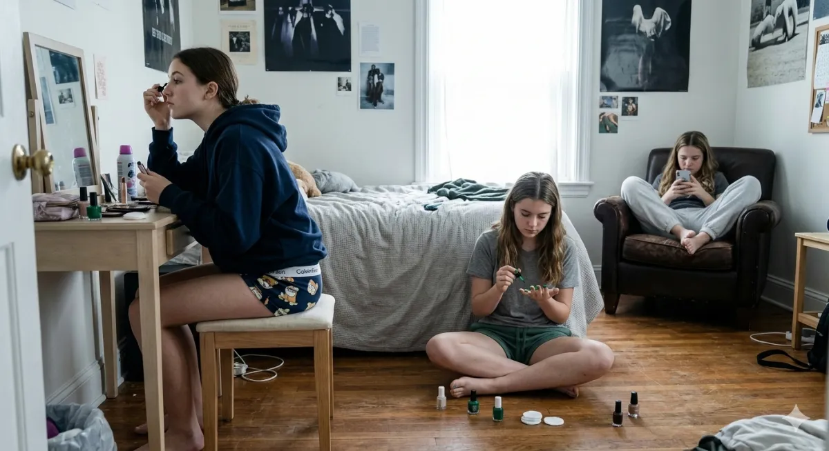 In a bedroom, three girls are engaged in different activities. One is applying makeup, another is applying nail polish, and the third is relaxing on a chair.