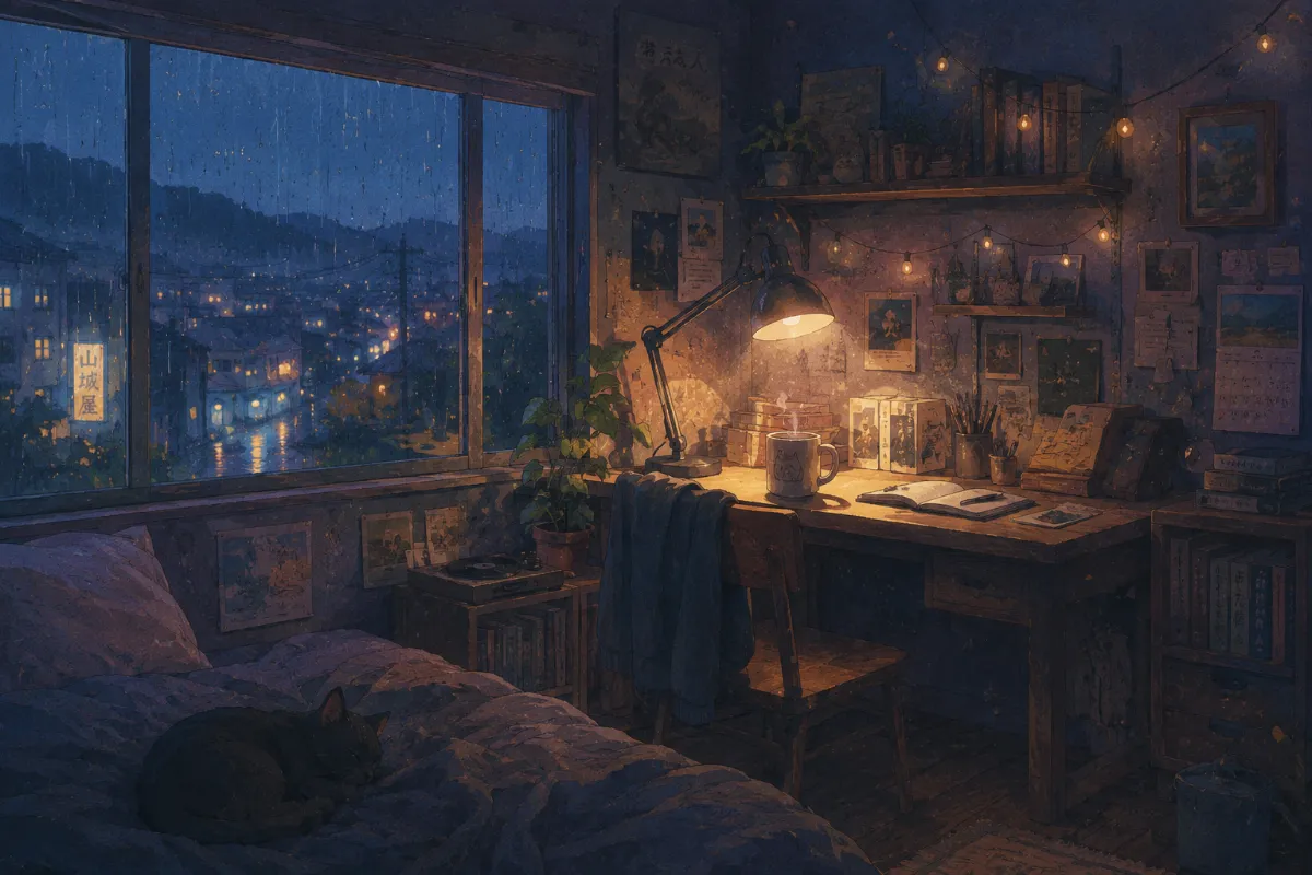 Cat on a rainy windowsill