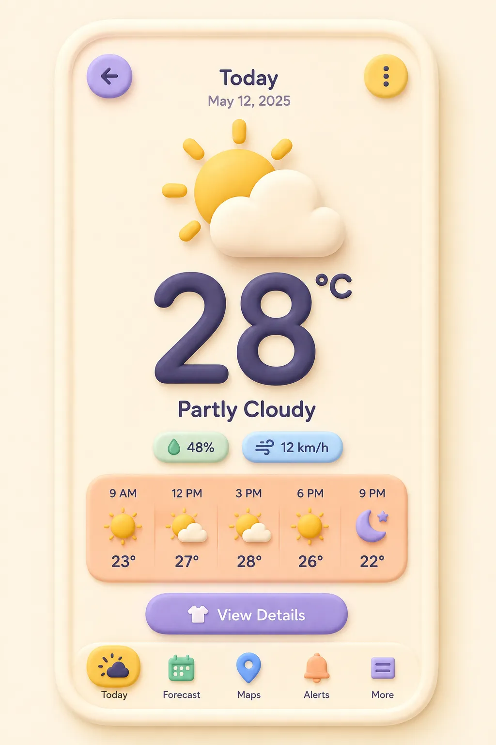 A weather screen with the temperature, hourly row, and five-day outlook unified in a single style.